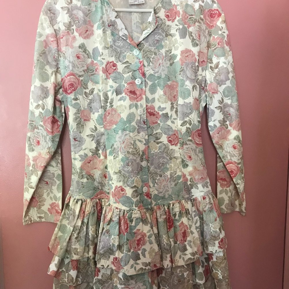 Cotton Above-Knee Dress with Ruffles Floral on White